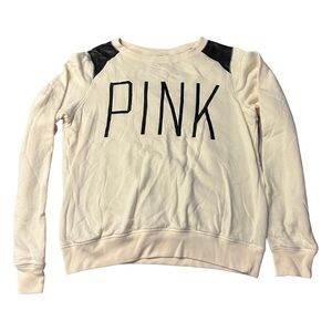 VS PINK | Cream Sweatshirt with Faux Leather Shoulders | Y2K 2010s Retro